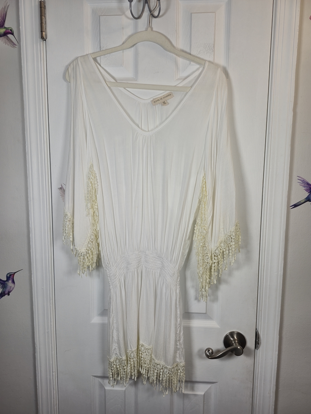 House of Dharma Bali Handmade Boho Fringe Crochet Cold Shoulder Mini Dress Ivory